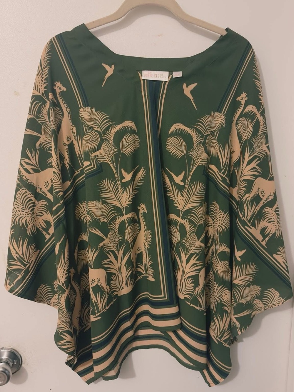 Belle by Kim Gravel Green and Beige Tropical Kimono Top